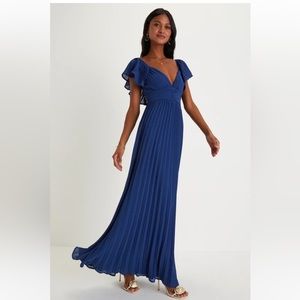 Lulus “Ideal Occasion Blue Pleated Flutter Sleeve Backless Maxi Dress”